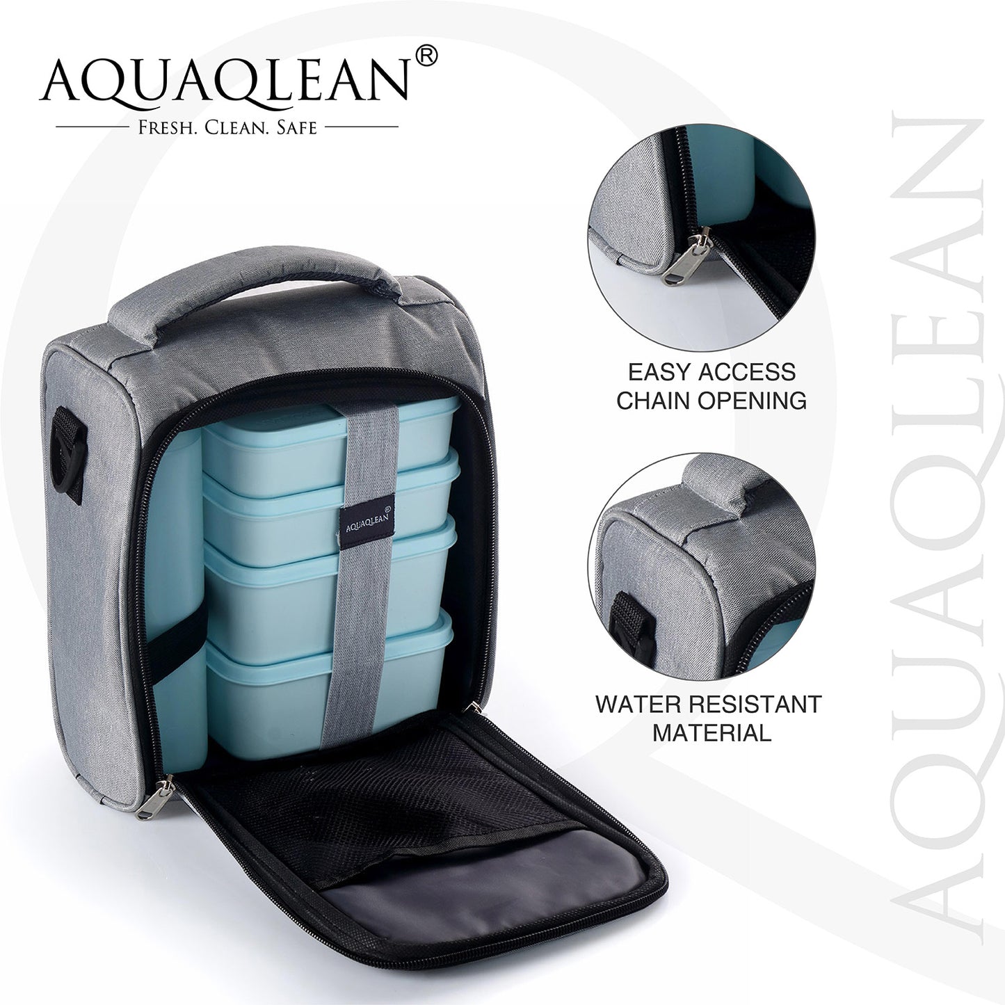 AQUAQLEAN Exquisite Lunch Box with Bag, 4 Food Grade Plastic Containers + 1 Water Bottle, Light Weight | Microwave Safe | Easy to Carry | Leak Proof I (Grey)