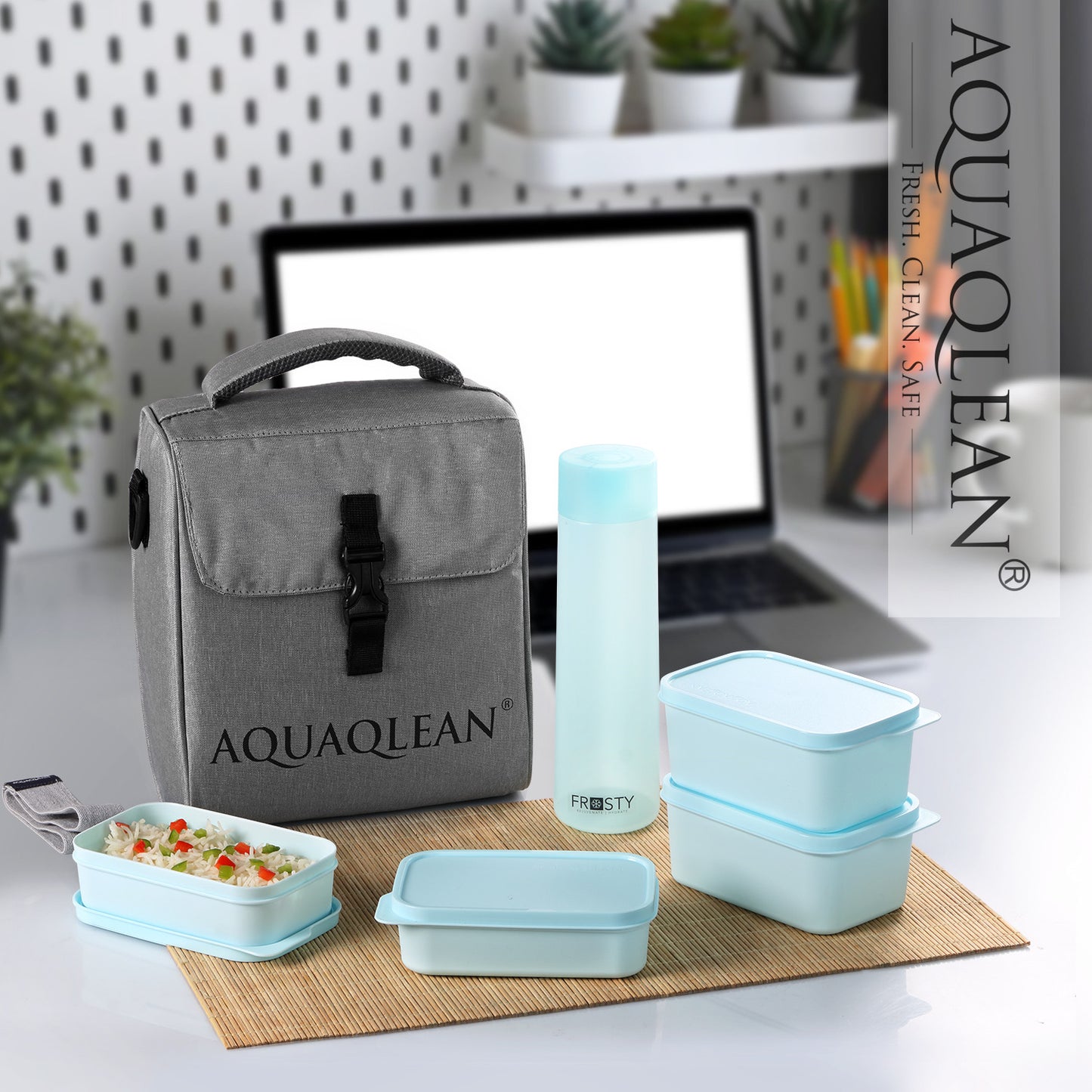 AQUAQLEAN Exquisite Lunch Box with Bag, 4 Food Grade Plastic Containers + 1 Water Bottle, Light Weight | Microwave Safe | Easy to Carry | Leak Proof I (Grey)