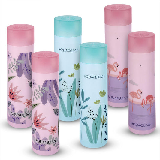 Aquaqlean Plastic Food Grade 500ml Floral Printed Round Water Bottle (6 pieces,Pink & Blue | 500 milliliter)