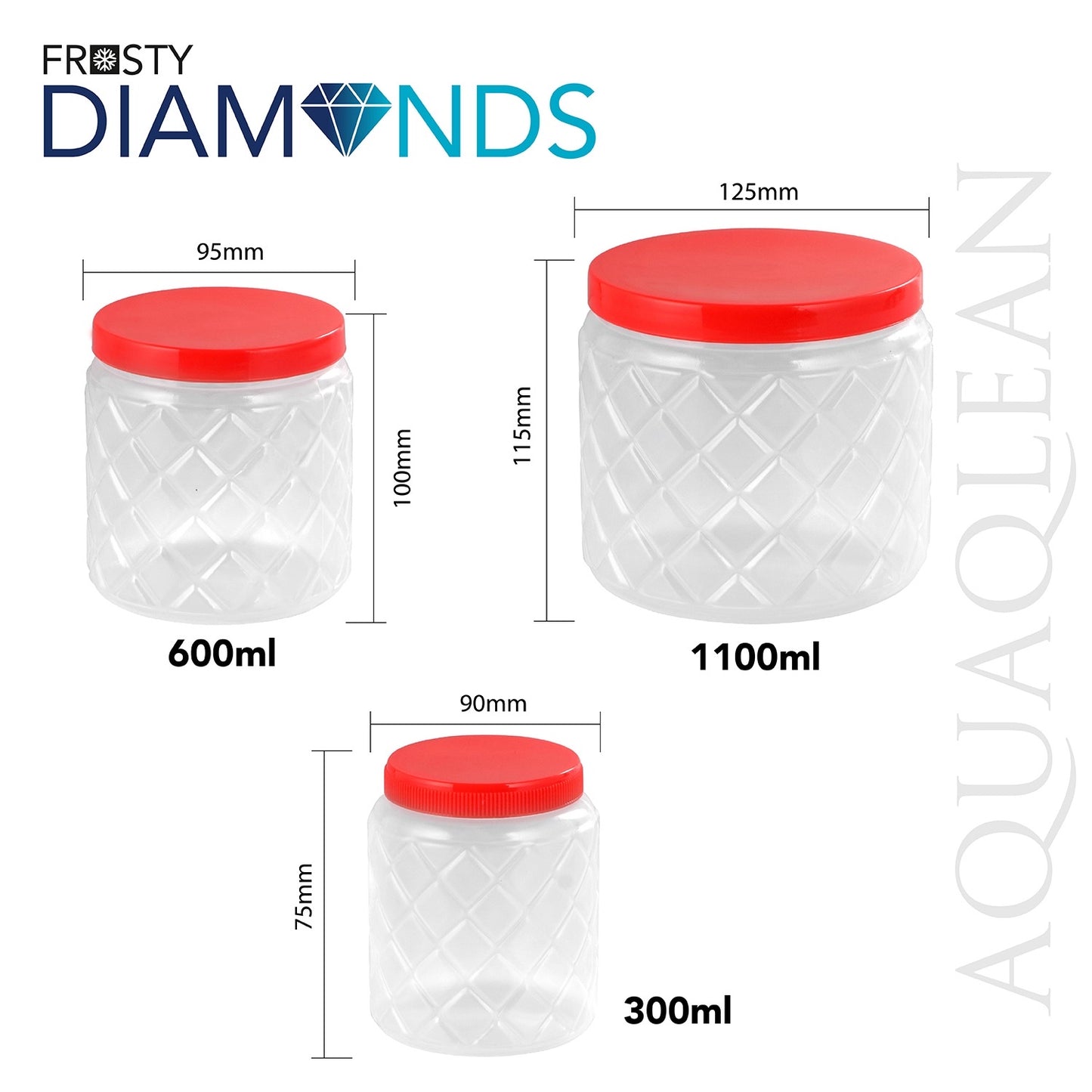 AQUAQLEAN Frosty Diamond Food Grade Plastic Storage Jar and Container Set, 6 Pieces, (2 x 1100ml, 2 x 600ml, 2 x 300ml)