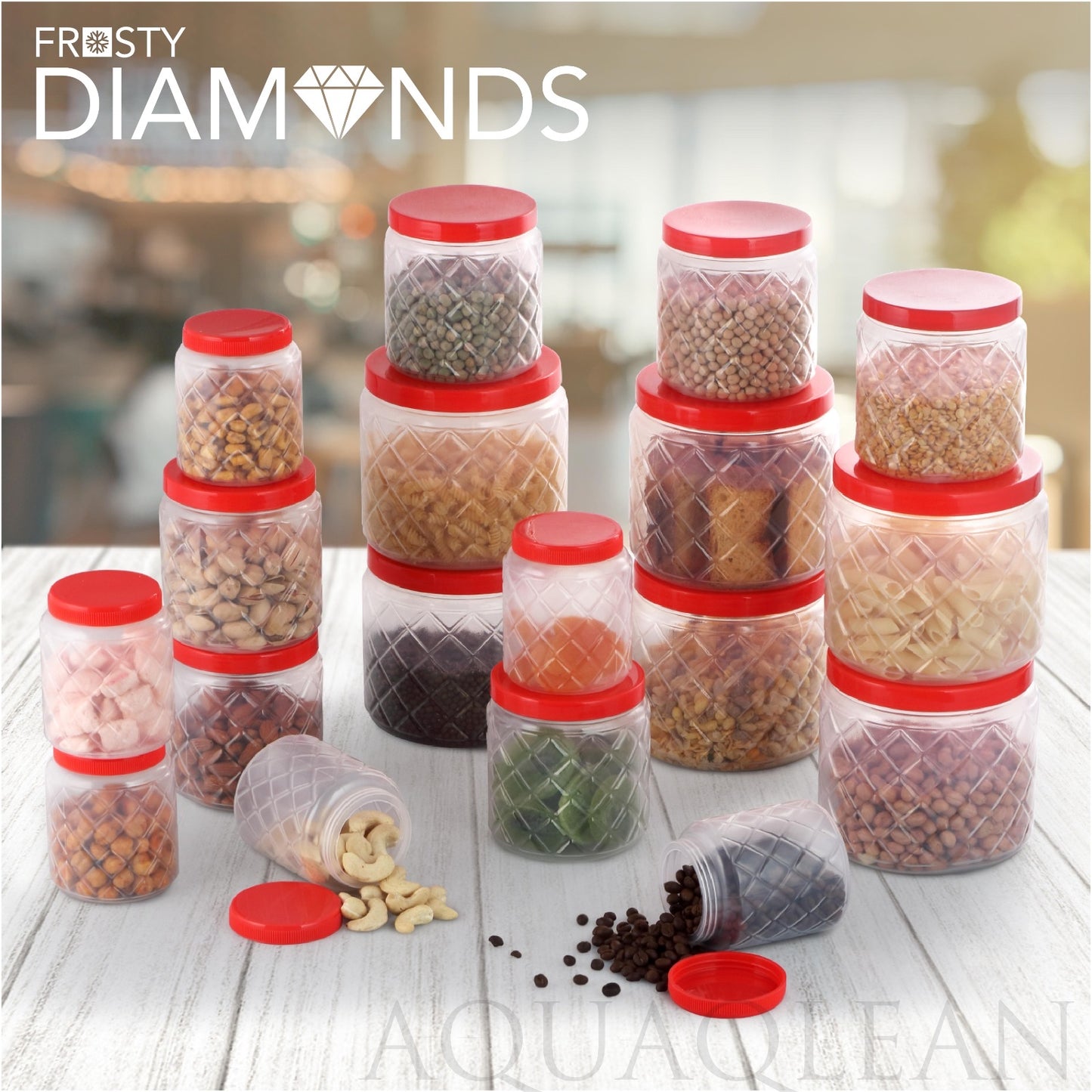 AQUAQLEAN Frosty Diamond Food Grade Plastic Storage Jar and Container Set, 6 Pieces, (2 x 1100ml, 2 x 600ml, 2 x 300ml)