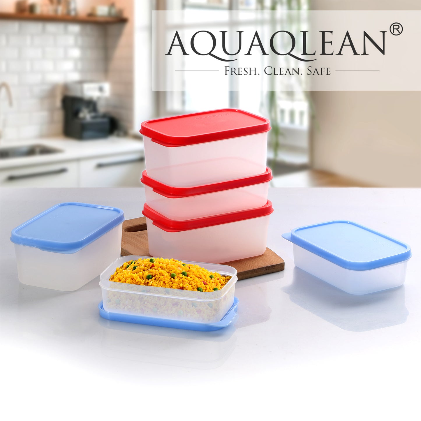 AQUAQLEAN Plastic Transparent Food Storage Containers with Lid, Set of 6 (3x350ml & 3x250ml),CitrusRed & BoringBlue Mix