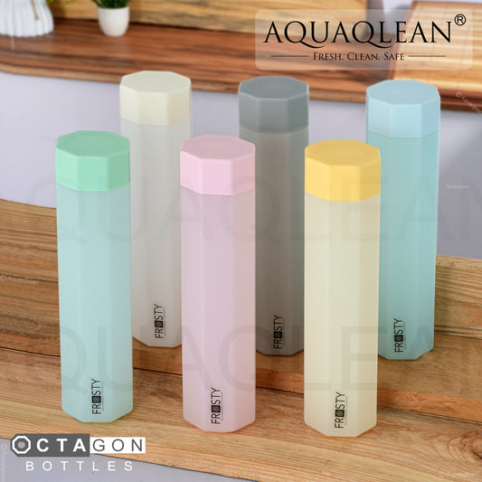 AQUAQLEAN Frosty Food Grade Plastic OCTAGON Fridge Water Bottle Gift Set(6 pieces, 1L,Assorted) | 1000 milliliter