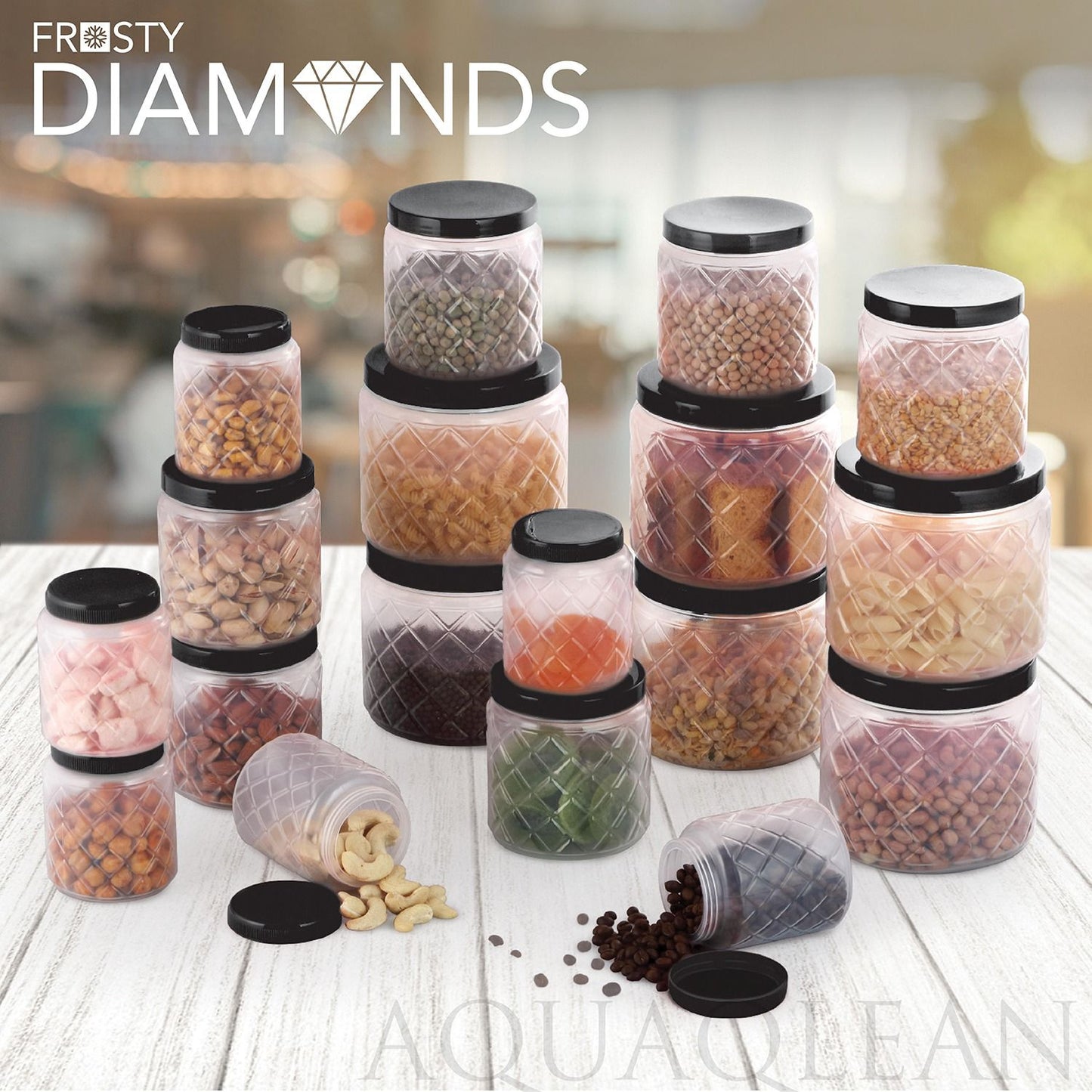 AQUAQLEAN Frosty Diamond Food Grade Plastic Storage Jar and Container Set, 6 Pieces, (2 x 1100ml, 2 x 600ml, 2 x 300ml)