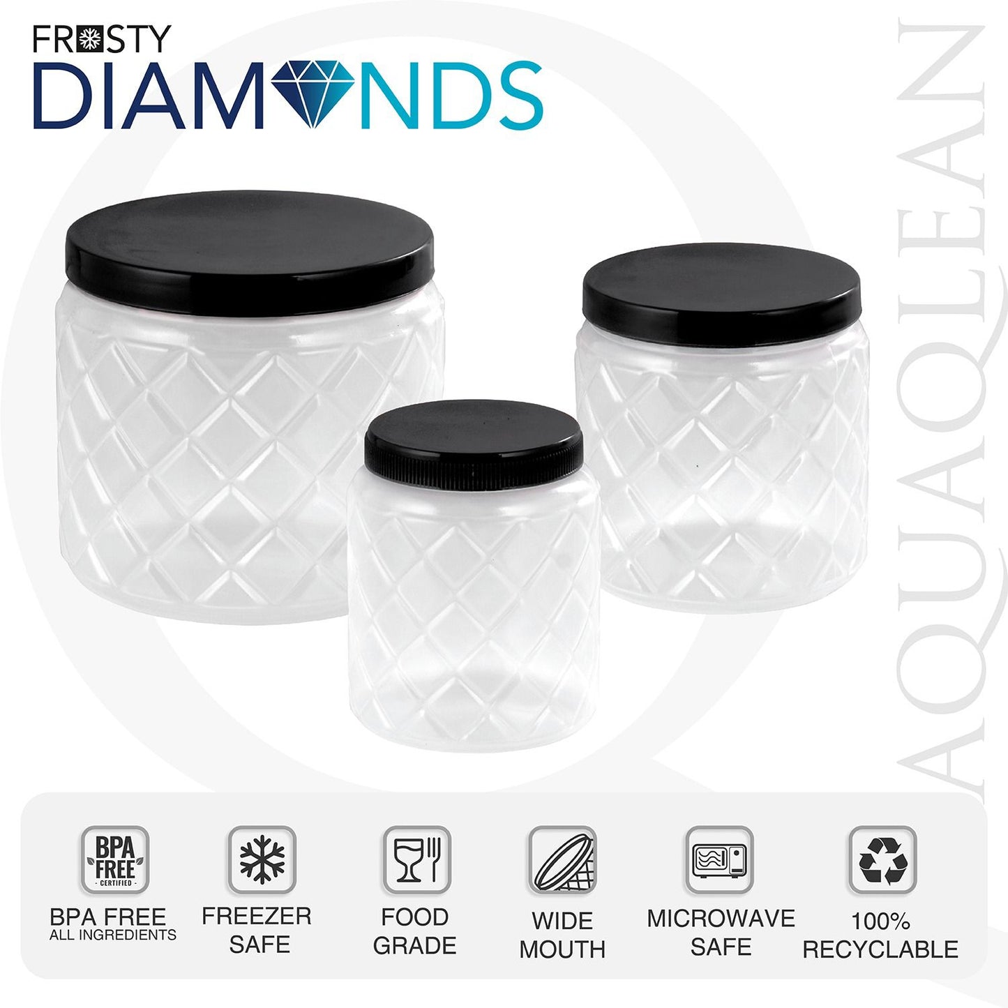 AQUAQLEAN Frosty Diamond Food Grade Plastic Storage Jar and Container Set, 6 Pieces, (2 x 1100ml, 2 x 600ml, 2 x 300ml)