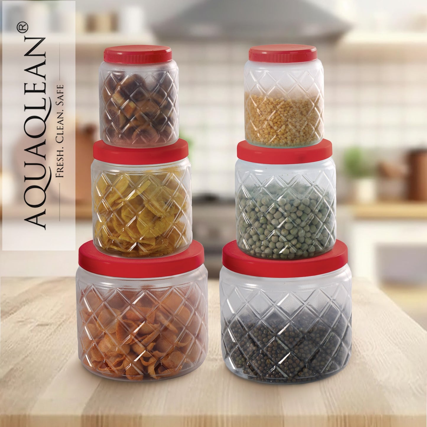 AQUAQLEAN Frosty Diamond Food Grade Plastic Storage Jar and Container Set, 6 Pieces, (2 x 1100ml, 2 x 600ml, 2 x 300ml)